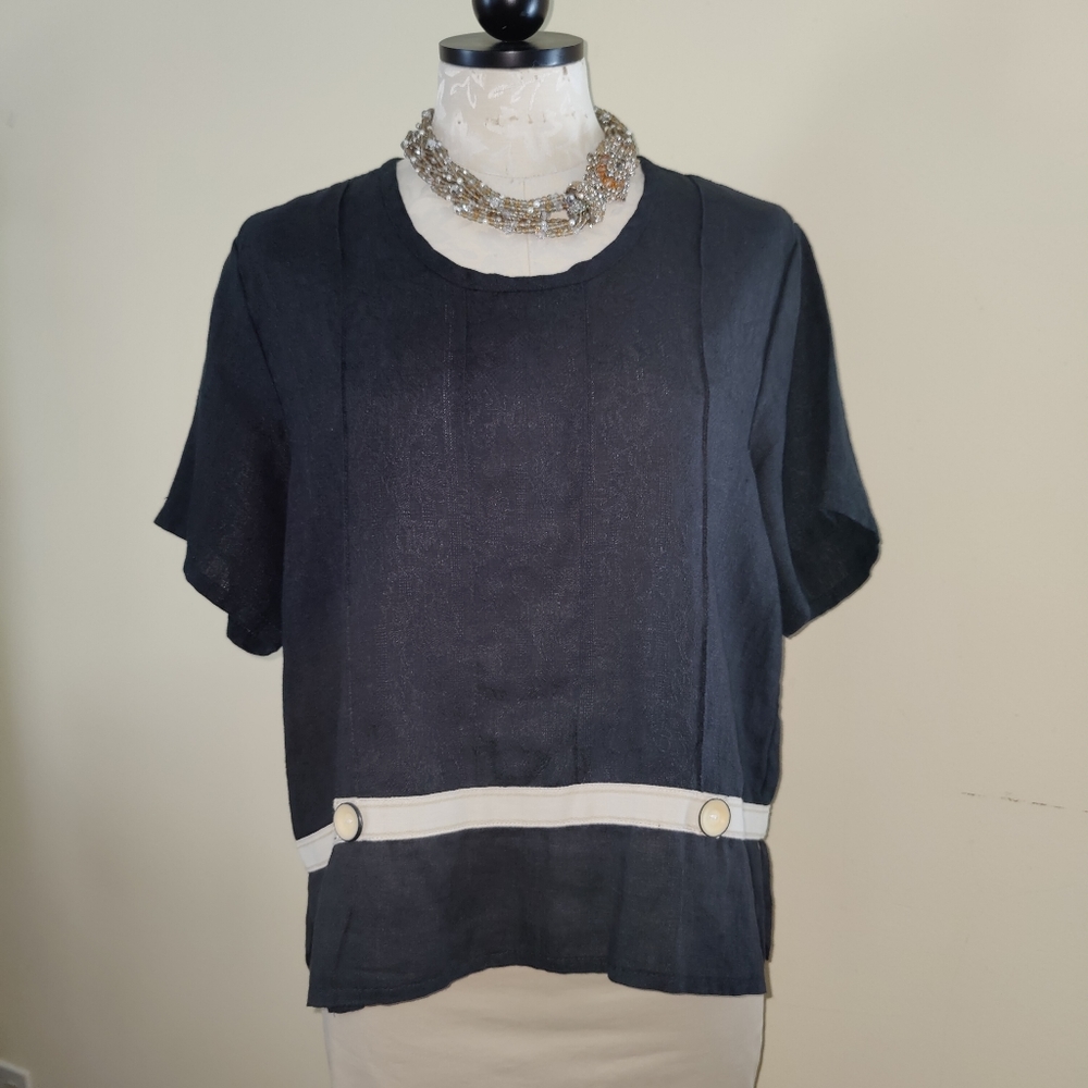 Flax short sleeve black jacquard tunic, relaxed fit, Size S - Picture 2 of 11